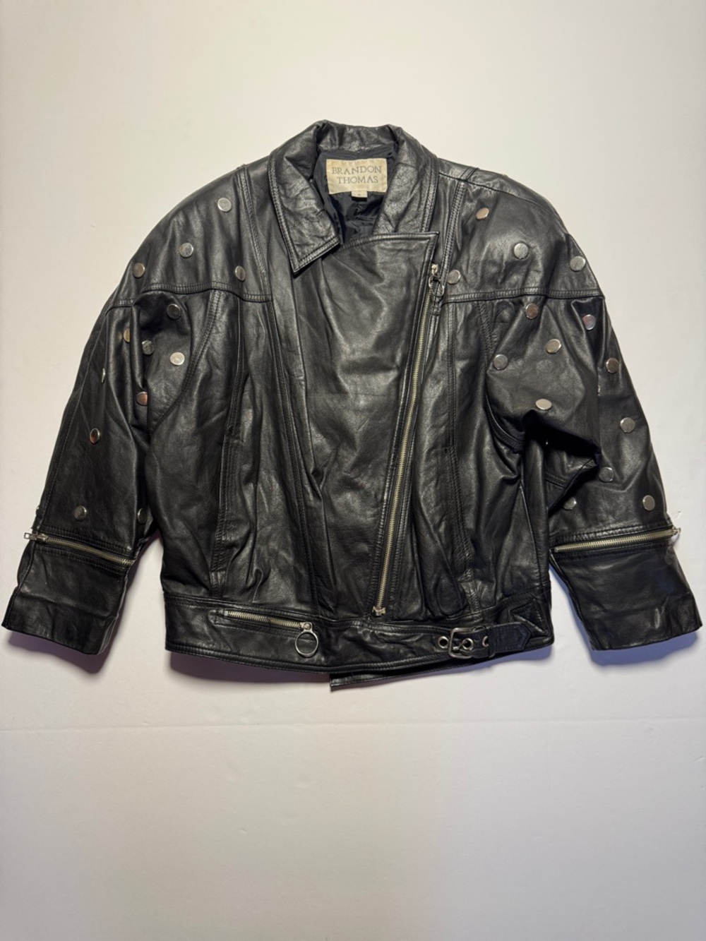 VINTAGE 80's 90's Moto Biker Jacket Brandon Thomas Flat Studded Leather SM